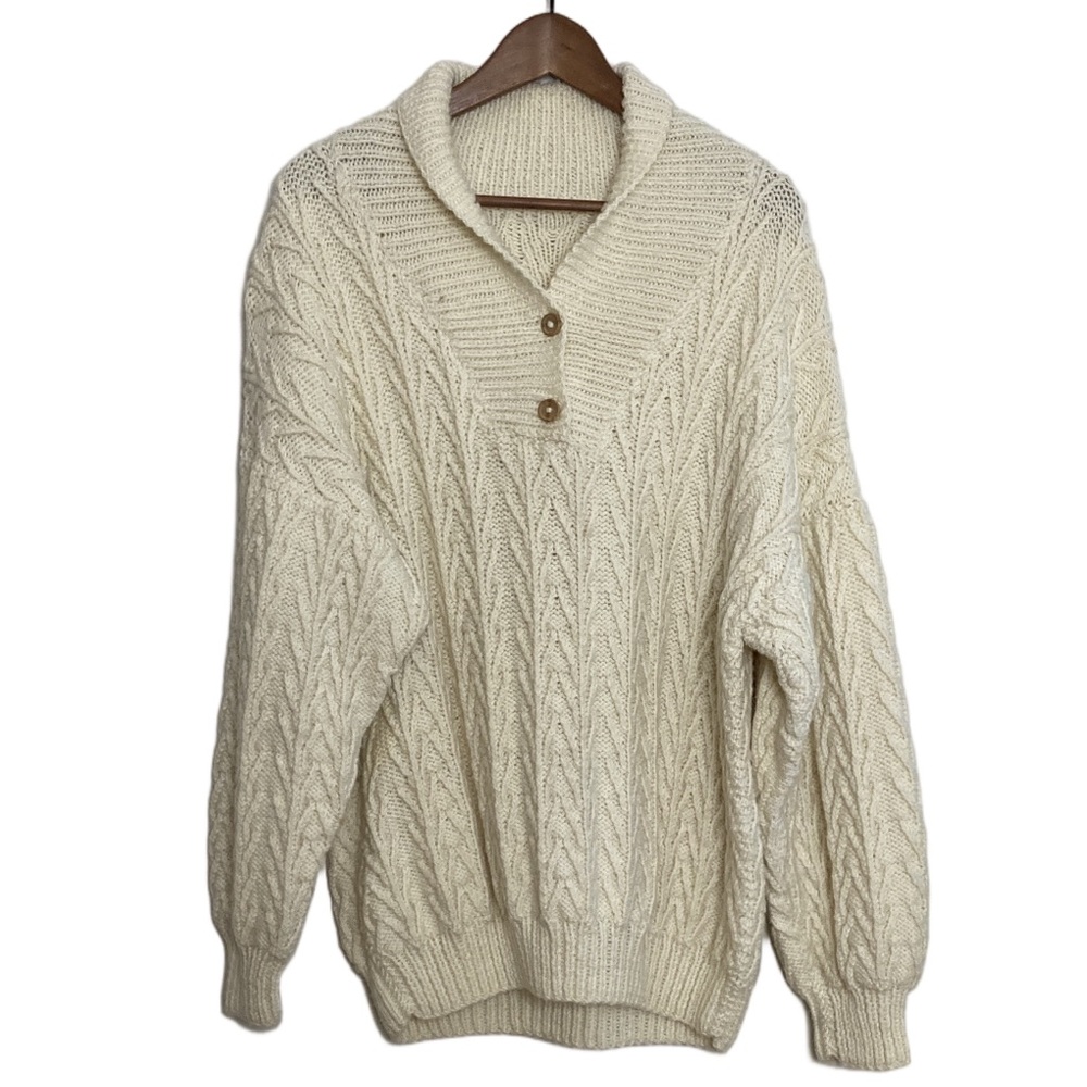 Handmade Sweater Mens XL Cream Wool Blend Shawl Collar Cable Knit Fisherman